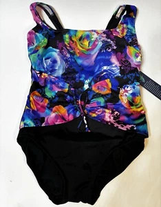 Woman’s Longitude One Piece Bathing Suit Sz 8 Blk Floral Cinch Waist Belt New - Picture 1 of 10