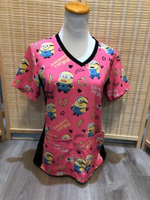 Scrubs Scrub Top Cartoon Despicable Me Minion Minions Bananas for You XS (H812) - Image 1 of 4