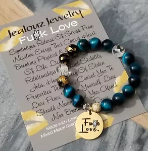 12mm Sterling Silver Gold Dragon Teal Blue Tiger Eye Gemstone Coin Bracelet - Picture 1 of 1