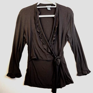 Ann Taylor Faux Wrap Top Women's Small Black Ruffles Career Minimalist V Neck - Picture 1 of 8