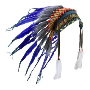 INDIAN NATIVE AMERICAN CHIEF COSTUME FEATHER HEADPIECE HEADDRESS ADULT BLUE - Picture 1 of 4