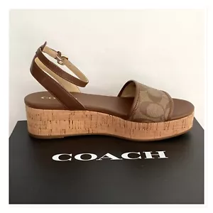 COACH Tullie Signature wedge Sandals Saddle/Khaki Size 9 - Picture 1 of 9