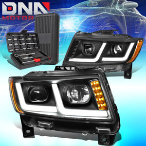FOR 2011-2013 JEEP GRAND CHEROKEE LED DRL PROJECTOR HEADLIGHTS+TOOLS BLACK/AMBER