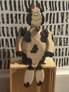 Wooden country farm cottage core Cow shelf Sitter Cow hand painted moo figure - Picture 1 of 5