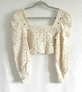 Zara Crochet/Cropped Top Balloon/Long Sleeve Ivory Cotton Blend Size M(Fits S) - Picture 1 of 9