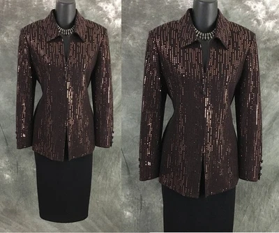 HERMOSA Chaqueta de Noche St John Punto Marrón Estrás Embellecido Blazer Talla 6 Foto 1 de 4