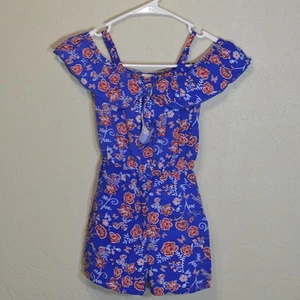 Jenna & Jessie Girls 10 Romper Shorts Blue Floral Ruffle Sleeve Cold Shoulder - Picture 1 of 9