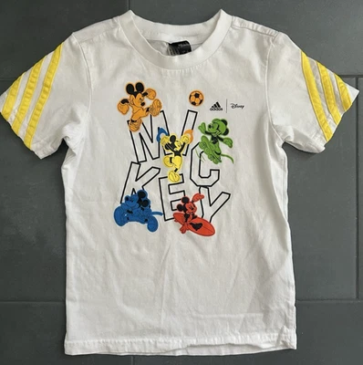 Camiseta deportiva Adidas Mickey Mouse blanca amarilla a rayas para niños talla 5T Foto 1 de 4