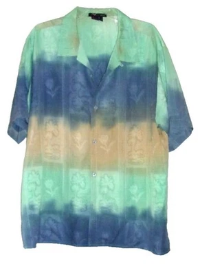 Tulliano Button Down Silk Shirt Colorblock Sz. XL Green Gray Tan Hawaiian Mens - Image 1 of 4