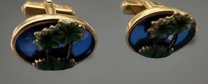 Vintage Anson Gold Tone & Enamel Palm Trees Tropical Blue Background - Picture 1 of 5