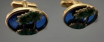 Vintage Anson Gold Tone & Enamel Palm Trees Tropical Blue Background - Image 1 of 4