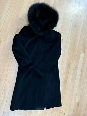 Calvin Klein  FOX Fur TRIMMED Hooded Angora Coat - Size 6 - BLACK - Image 1 of 2