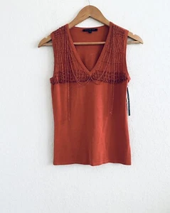 David Meister Terra Cotta Orange V Neck Beaded Chain Silk Blend Knit Top XS NWT - Picture 1 of 6