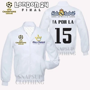Real Madrid CF UEFA Champions League 2024 A Por La 15 White Satin Varsity Jacket - Picture 1 of 7