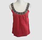 Boden Womens Sz 8 Tank Top 100% Linen Sleeveless Embroidered Red