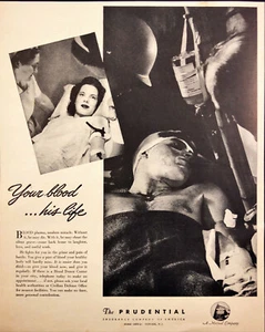 Anuncio impreso vintage de donante de plasma sanguíneo prudencial soldado herido Segunda Guerra Mundial 1943 - Imagen 1 de 1