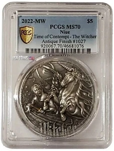 2022 2 Oz Silver $5 Niue The Witcher TIME OF CONTEMPT PCGS MS70 Gold Shield Coin - Picture 1 of 24