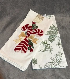 CYNTHIA ROWLEY KITCHEN TOWELS Candy Canes + Holly Cream 100% COTTON BNWT - Picture 1 of 5