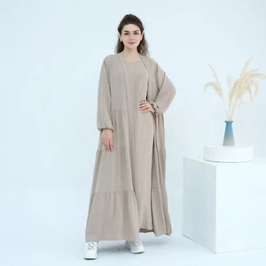 Abito lungo donna musulmano tinta unita aperto caftano abaya kimono islamico Turchia set 2 pezzi - Foto 1 di 29