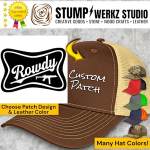 Custom Hat Trucker Baseball Cap Richardson Leather Patch Rowdy Gun Beer Logo - Picture 1 of 21
