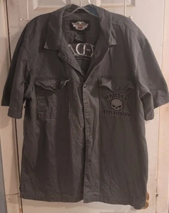 Men's Harley Davidson Motorcycles Gray Skull Button Up Short Sleeve Shirt L - Picture 1 of 6