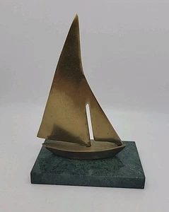 Vintage Brass Sailboat Brass Boat on Green Marble Base Nautical Lake Sailing - Picture 1 of 7