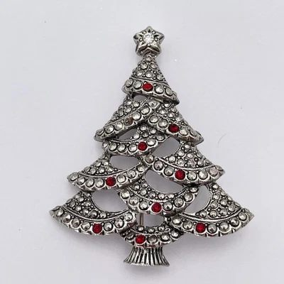 Брошь на булавке Avon для рождественской елки серебристые красные стразы подписанная праздничная бижутерия - Изображение 1 из 4