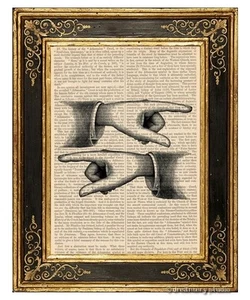 Señalando con los dedos impresión artística en página de libro vintage letrero manos decoración del hogar oficina - Imagen 1 de 3
