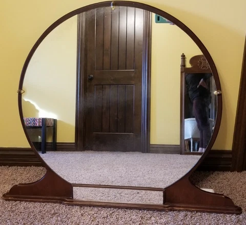 Antique Vanity Dresser Wood Large Round Mirror Art Deco Etched 41"x34" Cover