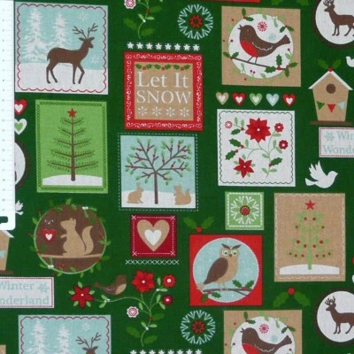 Gardinenstoff Stoff Dekostoff Meterware Tiere Patchwork Weihnachten grün - Bild 1 von 3