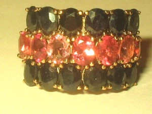 14K On Sterling Silver 3 Row Genuine Blue Sapphire Tourmaline RIng 6.7g Sz 6.25 - Picture 1 of 5