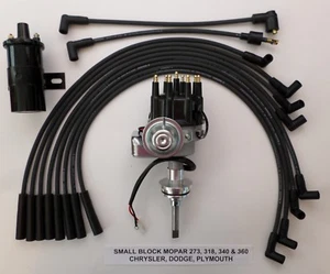 MOPAR 318 340 360 SMALL CAP HEI Distributor + Black 45K Coil + Spark Plug Wires - Picture 1 of 4
