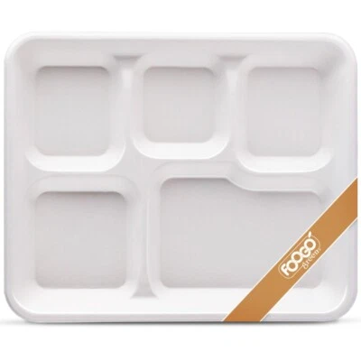 FOOGO Green Eco Friendly Disposable Trays Sugarcane Bagasse 5 Compartment Plates - Image 1 of 4