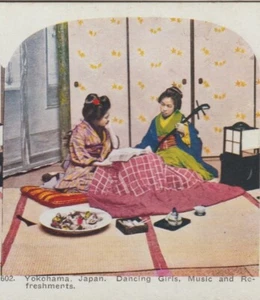 Dancing Girls Seated Yokohama Japan Antique Color Stereoview Stereoscope Card - Picture 1 of 3