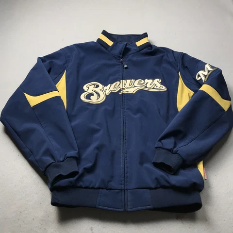 Milwaukee Brewers Jacket Mens XL Blue Gold Majestic Thermabase Full Zip MLB Logo Cover
