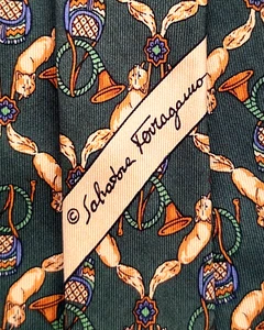 SALVATORE FERRAGAMO Mens 100% Silk Necktie ITALY Luxury Foxes Green/Multi EUC - Picture 1 of 4