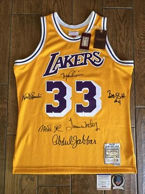 Signed Kareem Abdul-Jabbar Lakers Jersey Beckett Steiner Magic Worthy Rambis - Image 1 of 4