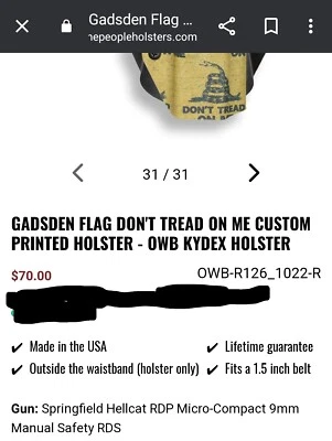 We The People DON'T TREAD ON ME Hellcat RDP 9mm- OWB KYDEX HOLSTER W/ CLIP ONLY - Image 1 of 4