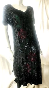 Antique 20s  dress beaded, sequin, M - Picture 1 of 9