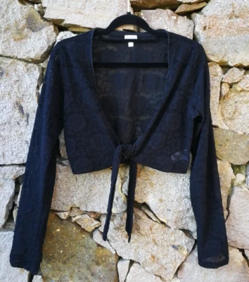 Black Lace Tie Front Top Long Sleeve Bolero Shrug Vintage Etam Gothic Small - Imagen 1 de 4