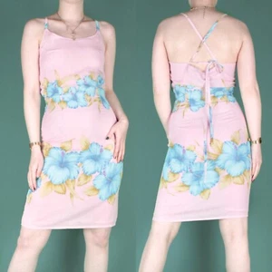 VINTAGE 90s 2000s Y2K Strappy Pastel Tie Bodycon Floral Cami Dress Small 8 10 - Picture 1 of 13