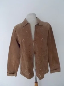 COLDWATER CREEK Tan Leather Floral Laser Cut SHIRT JACKET Sz M Medium - Picture 1 of 6