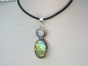 GJ69 GW LABRADORIT OVAL & MONDSTEIN SUPER FARBEN SILBER-ANHÄNGER +KETTE / LEDER! - Bild 1 von 6