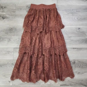 H&M Women's 8 Rust Brown Tiered Lace Boho Western Maxi Skirt NWOT Cottagecore - Picture 1 of 8