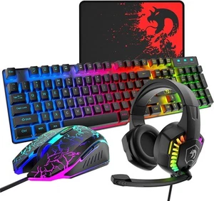 Wired Gaming Keyboard and Mouse Headset Combo,Rainbow LED Backlit Black - Picture 1 of 8