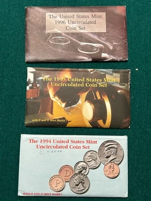 (3)  1994, 1995, 1996 US Mint Sets - Uncirculated OGP - Free Shipping! No W Dime - Image 1 of 4