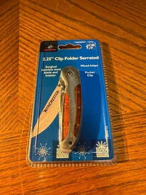 Winchester Stainless Steel Folder W WOOD Inlay Knife Pocket Clip Stainless - Image 1 of 3