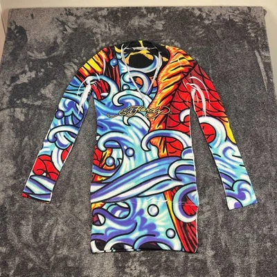 Vtg Ed Hardy Knitted Sweater Dress Long Sleeve AOP Fish Spellout Colorful L USA - image 1 of 4