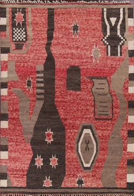 Hand-Knotted Red Moroccan Area Rug 8x11 Ft Abstract Wool Carpet Tribal Rug - Image 1 of 4