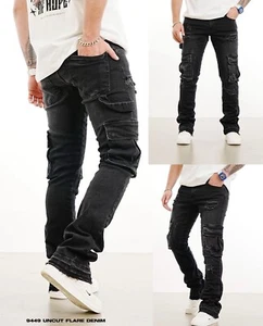 Stacked Cargo Jeans Men High Quality, Acids Wash, Flared, Black Pants Size : 36 - Picture 1 of 5